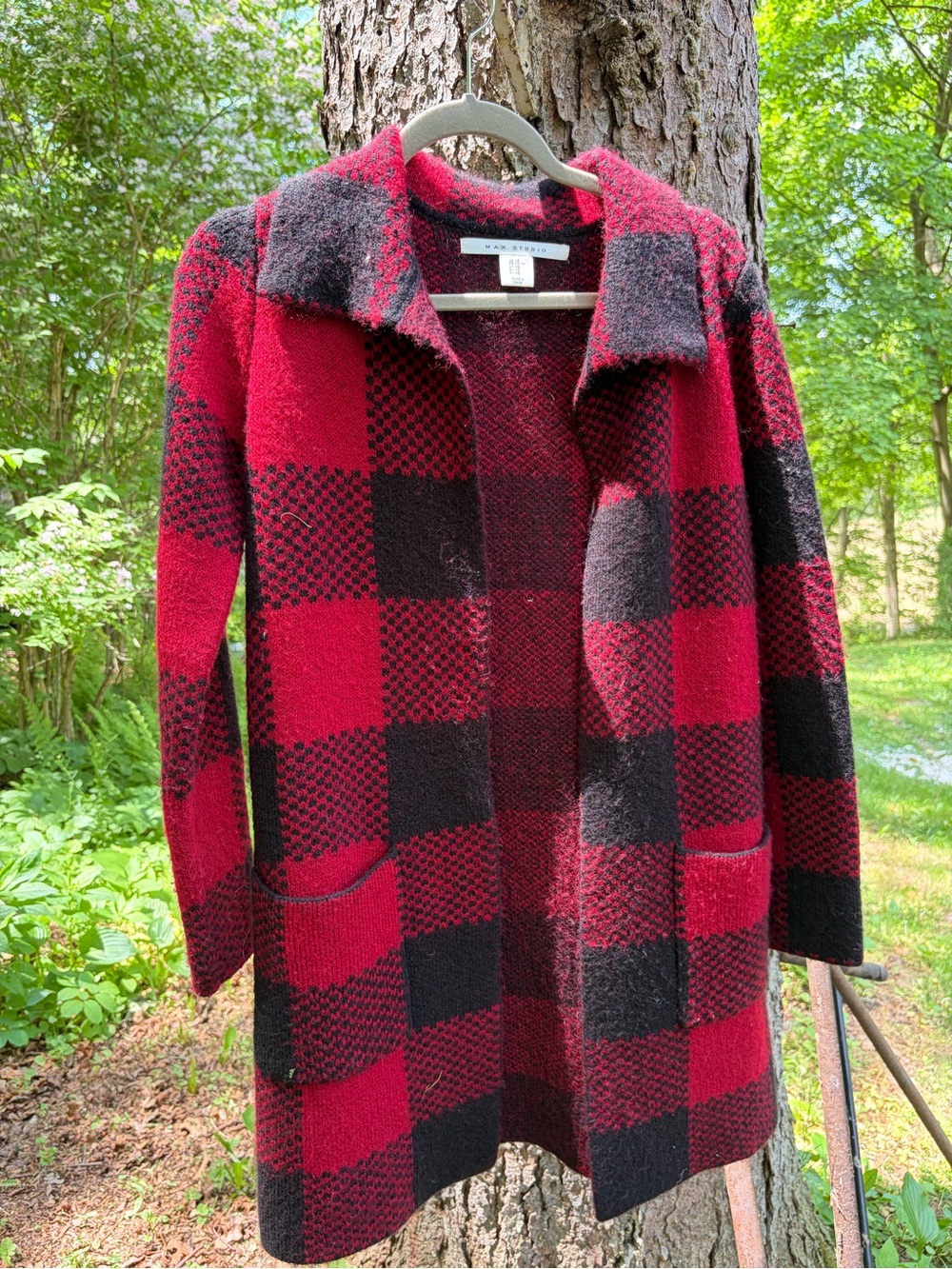 Max Studio Red and Black Buffalo-Check Pea Coat